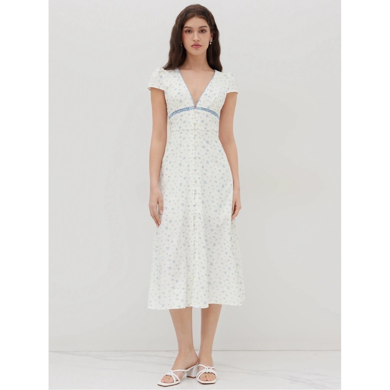 Cider Blue Floral Button Midi Dress Large Cottagecore V Neck Garden Tea Party