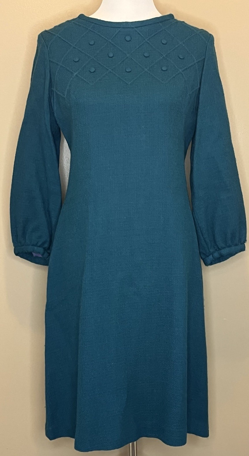 Vintage 60s Dress Wool Long Sleeve Midi Textured Balloon Sleeve Teal