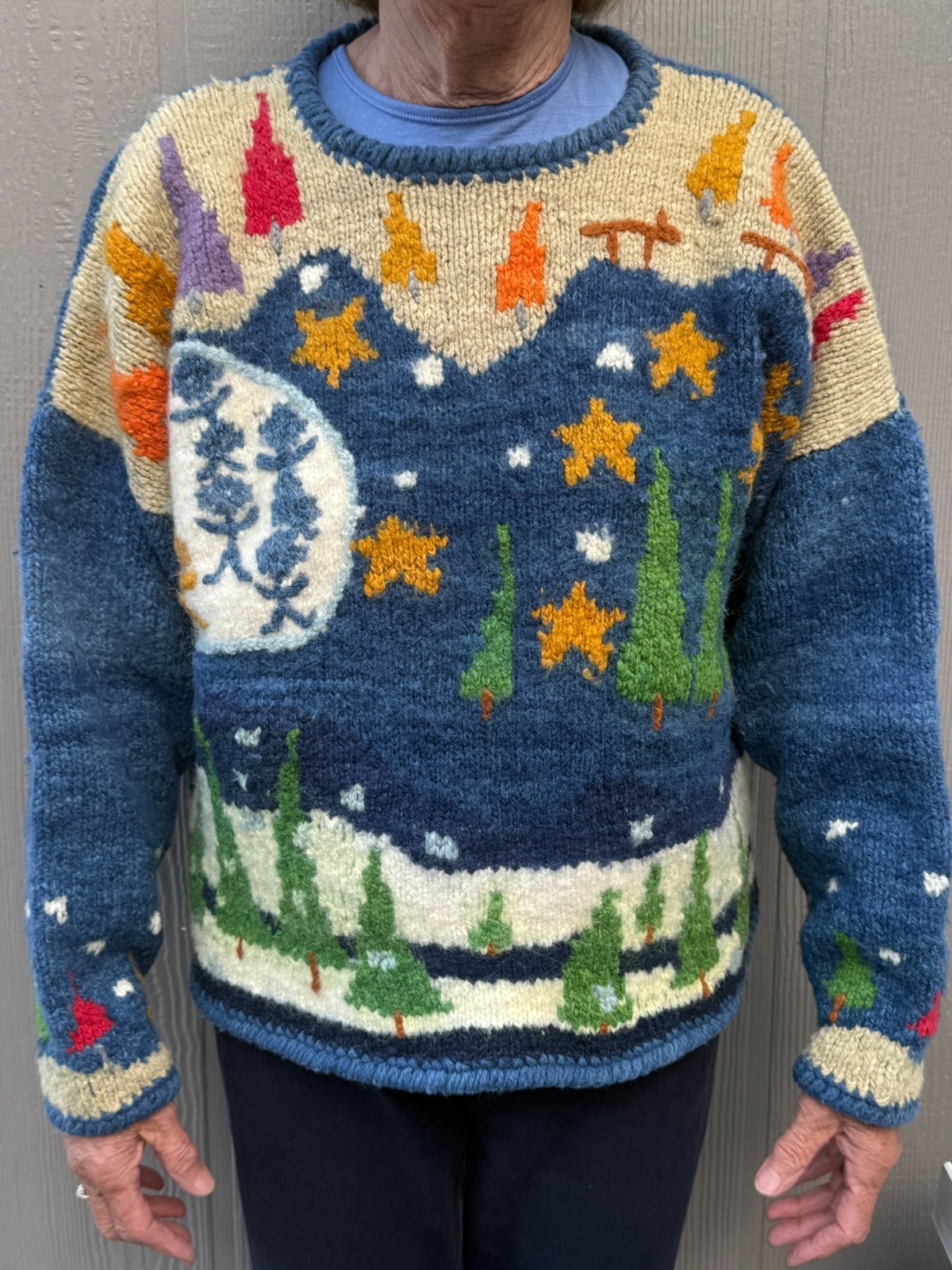 Vtg Amano Bolivian Wool Hand Knit Sweater Christmas Trees Stars Night Sky Aymara