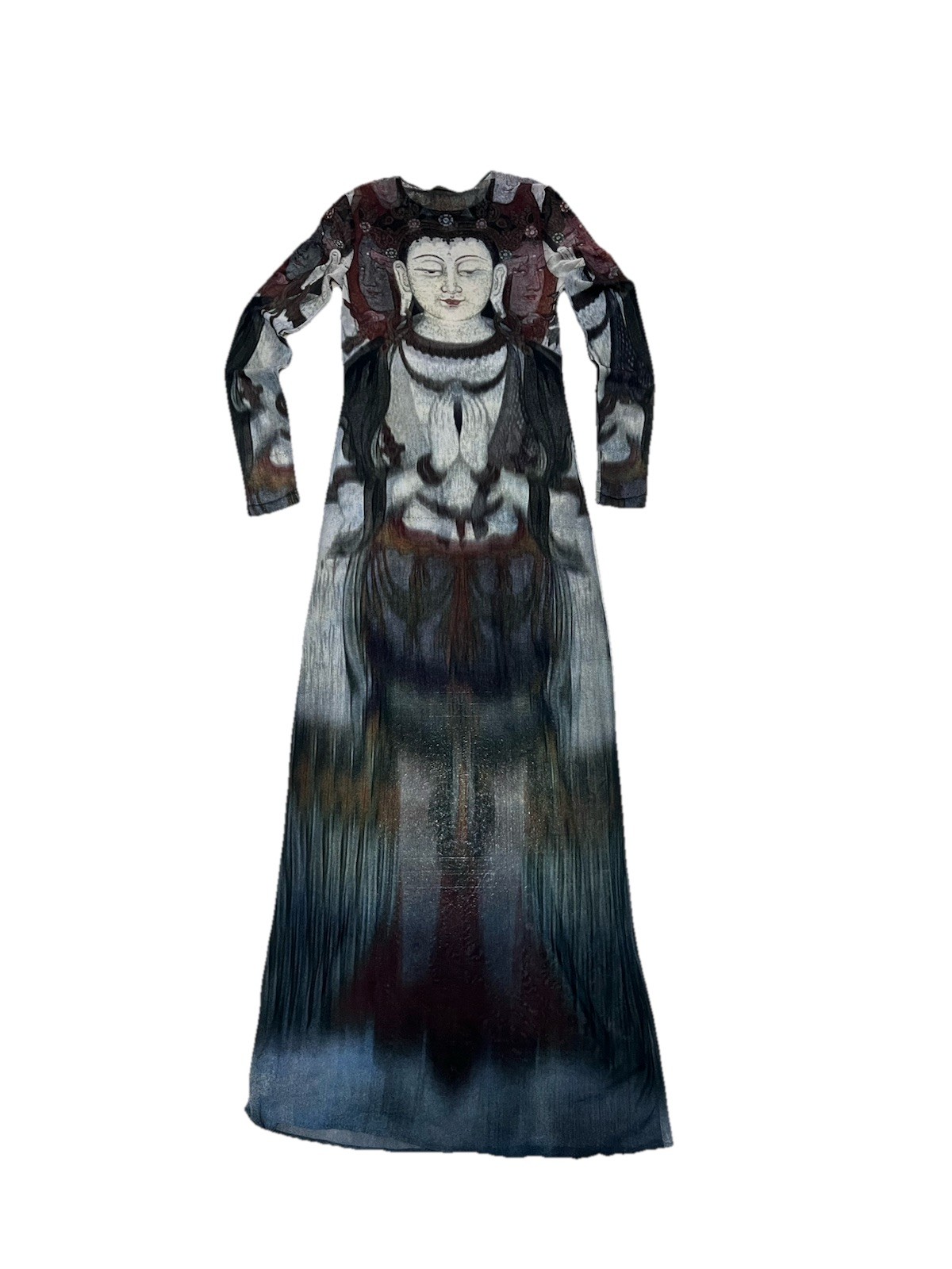 RARE 1997 VIVIENNE TAM CACHÉ SHEER MESH MAXI QUAN YIN PRINT BUDDHA L/S DRESS