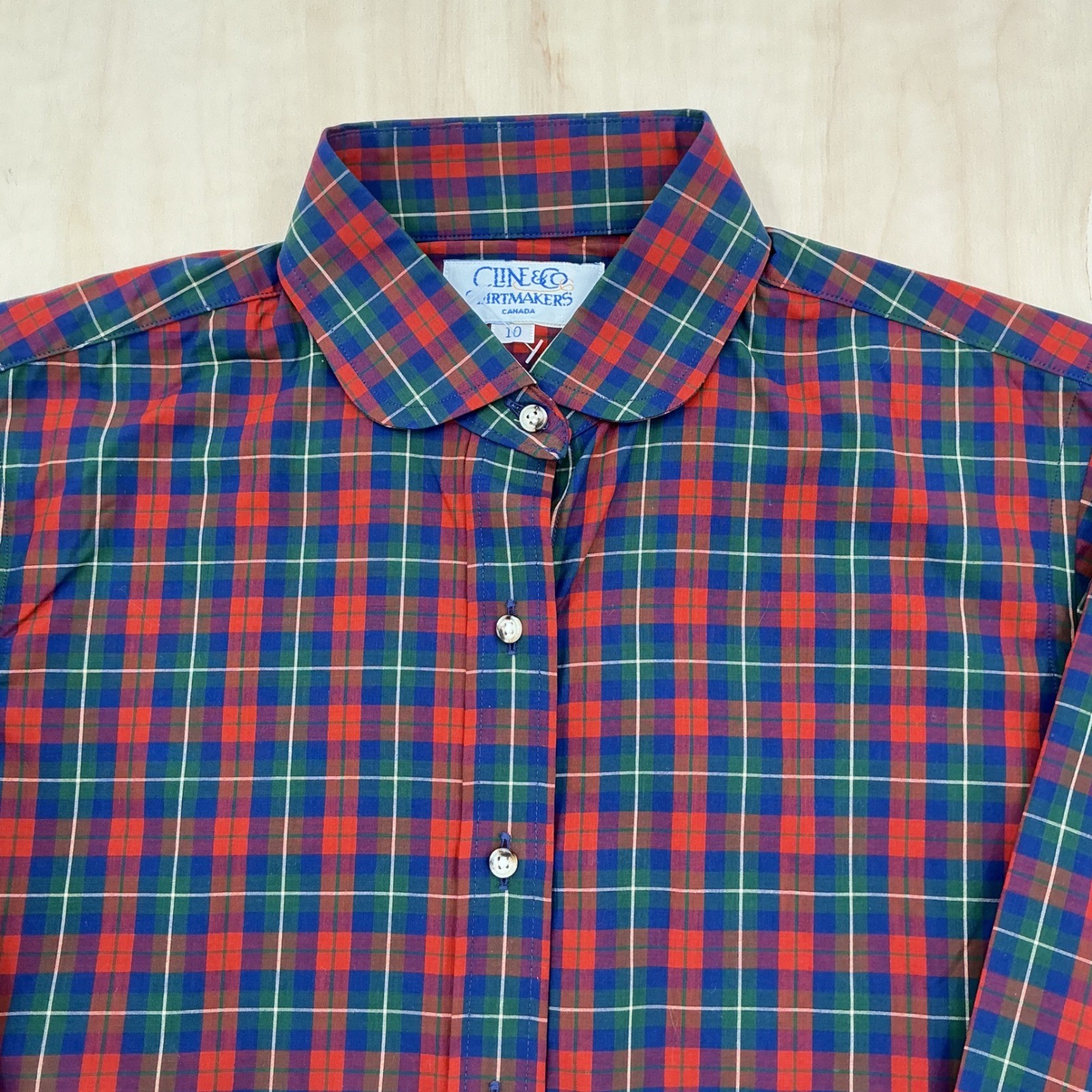 80s Dark Academia Preppy Button Up Womens 10 Red Tartan Plaid Peter Pan Collar