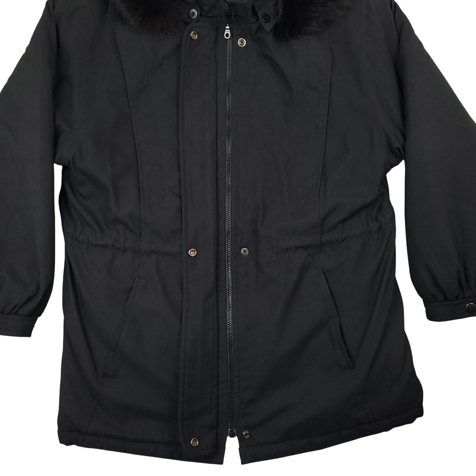 Vintage Bromley Sport Faux Fur Hooded Parka Coat Jacket Womens Large Black EUC