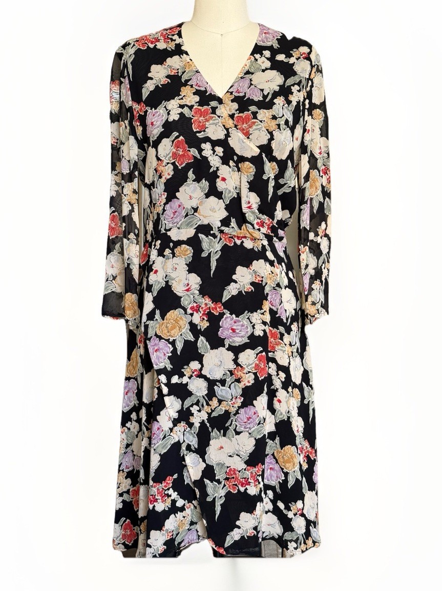 Giorgio ARMANI Le Collezioni Black Floral Faux Wrap Midi Dress Dark Romance Y2K