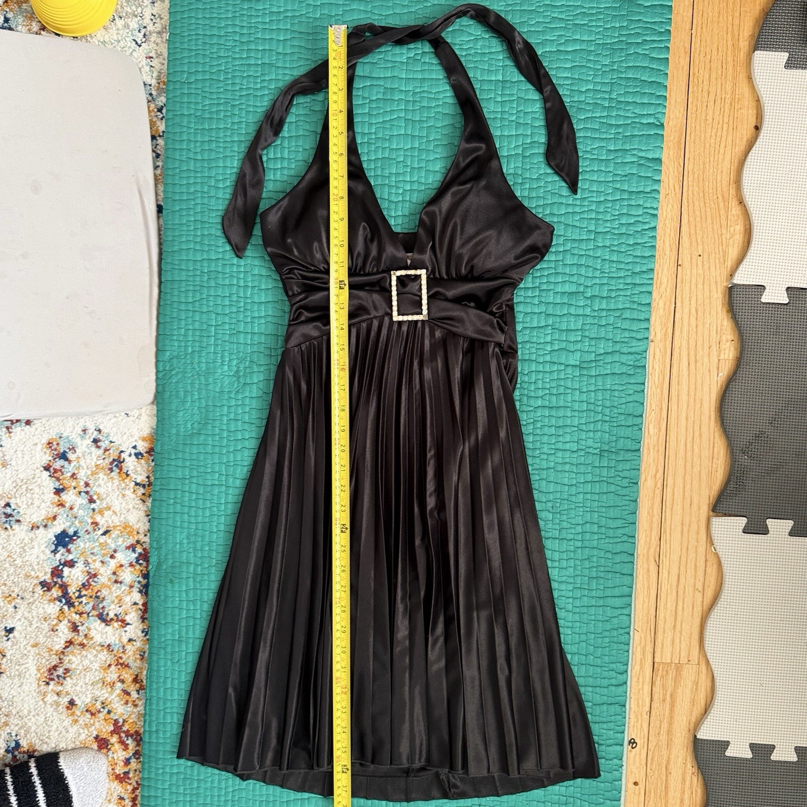 Vintage Y2K Speechless Midi Party Dress Halter Pleated Satin Black Sz S 2000s
