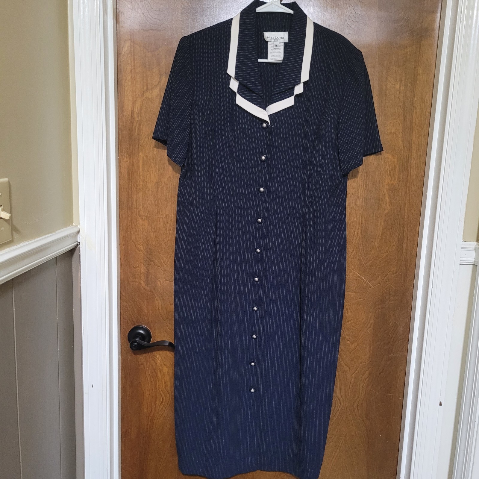 Miss Dorby Navy Blue Pinstripe Dress Cottagecore Nauticle Chic Professional S-16