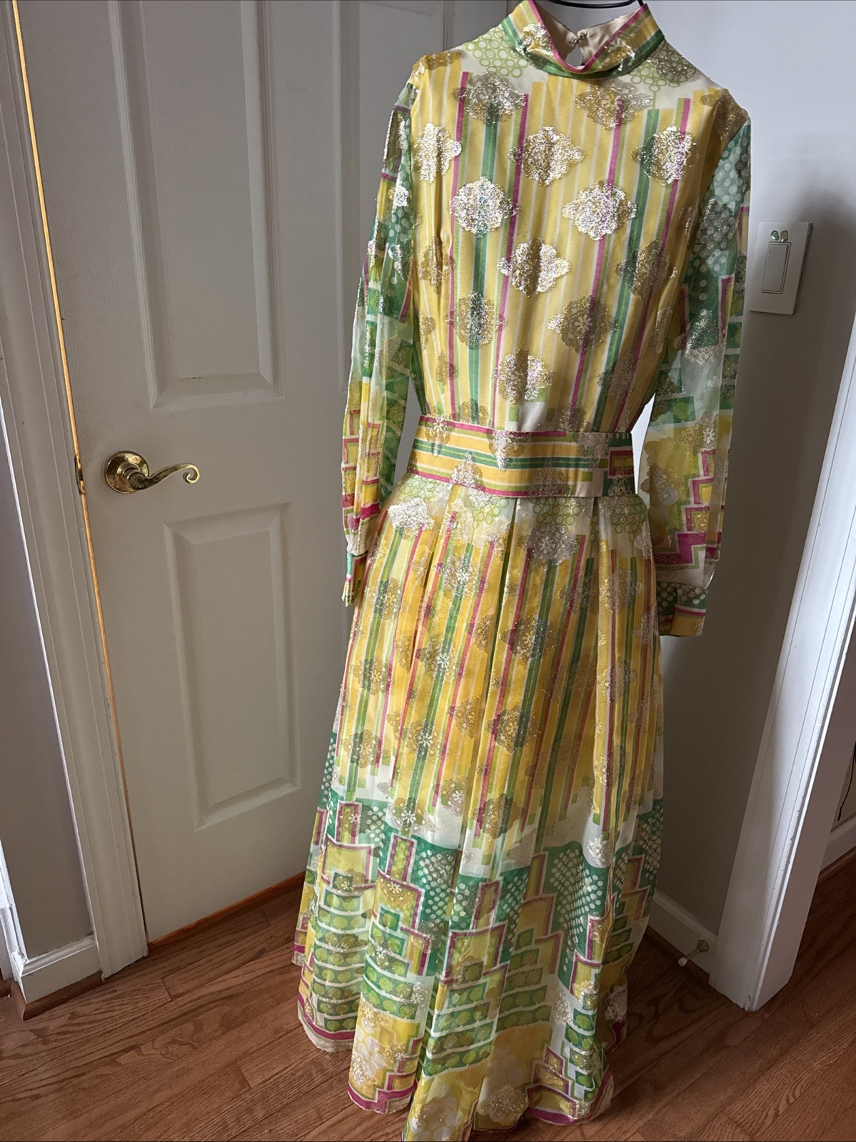 1970s Vintage Marita by Anthony Muto Gold and Yellow Flocked Floral Maxi Dress