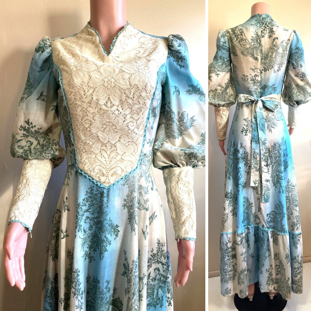 M Vintage 70s Maxi Princess Dress Medieval Toile Gown Cotton 29″ Waist Handmade