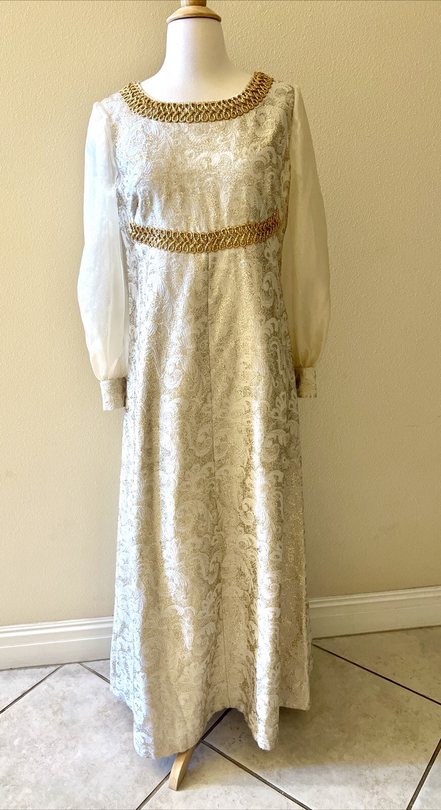 60s Vintage Brocade MAXI Dress Metallic Renaiss Style Dress Empress Gold M/L