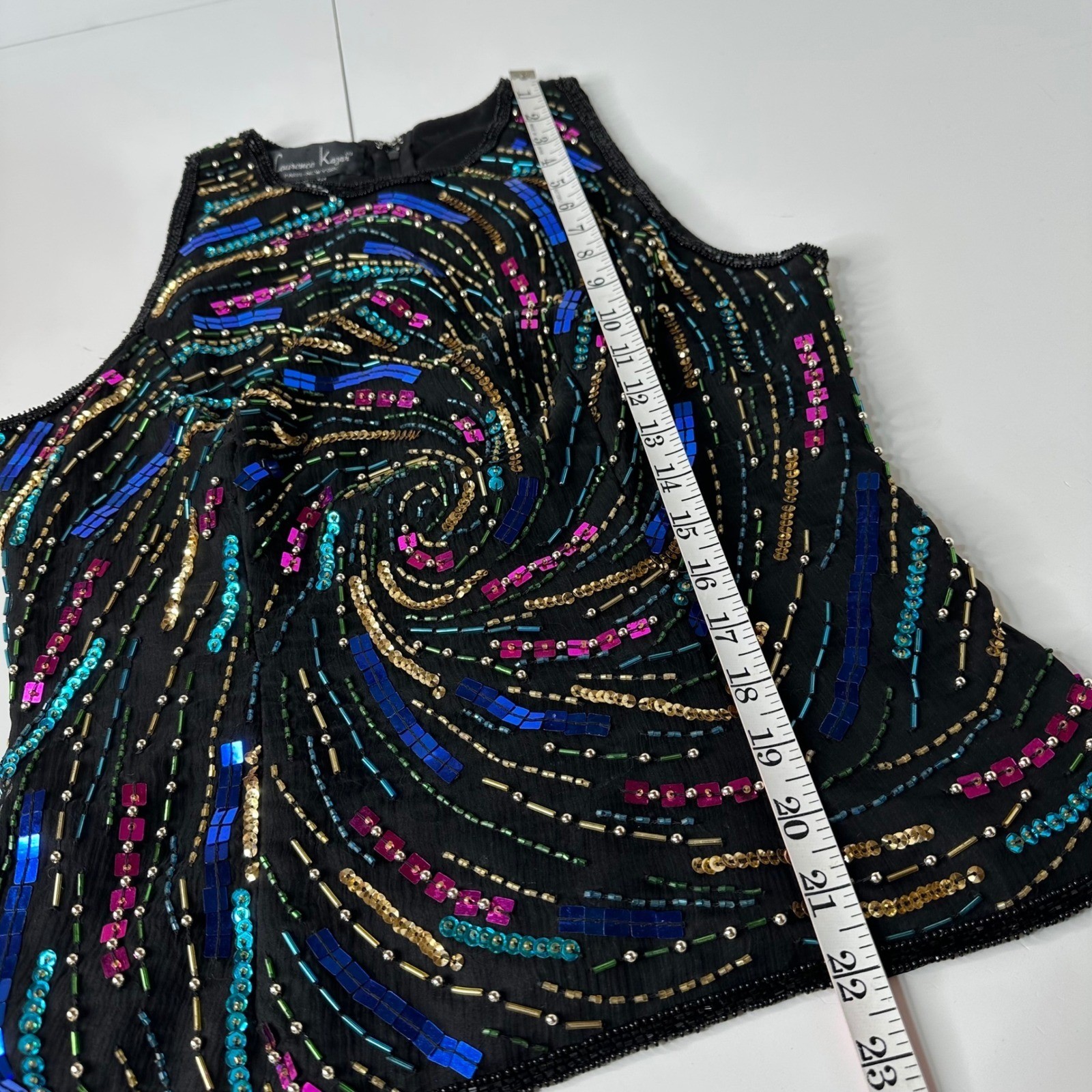 Laurence Kazar Black Silk Beaded Sequin Swirl Sleeveless Top Vintage Glam Sz M