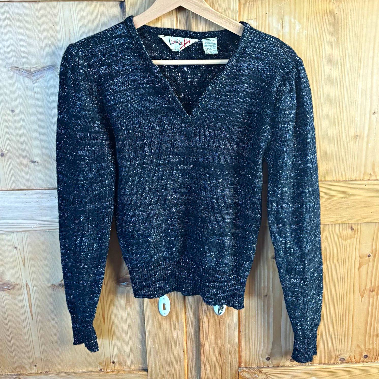 Vintage Licorice Women’s S Black/Silver Knit V-Neck Metallic Button Sweater