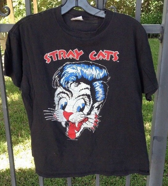 VTG 80s Stray Cats Blast Off Tour Black TShirt Sz L Rockabilly Swing Setzer READ