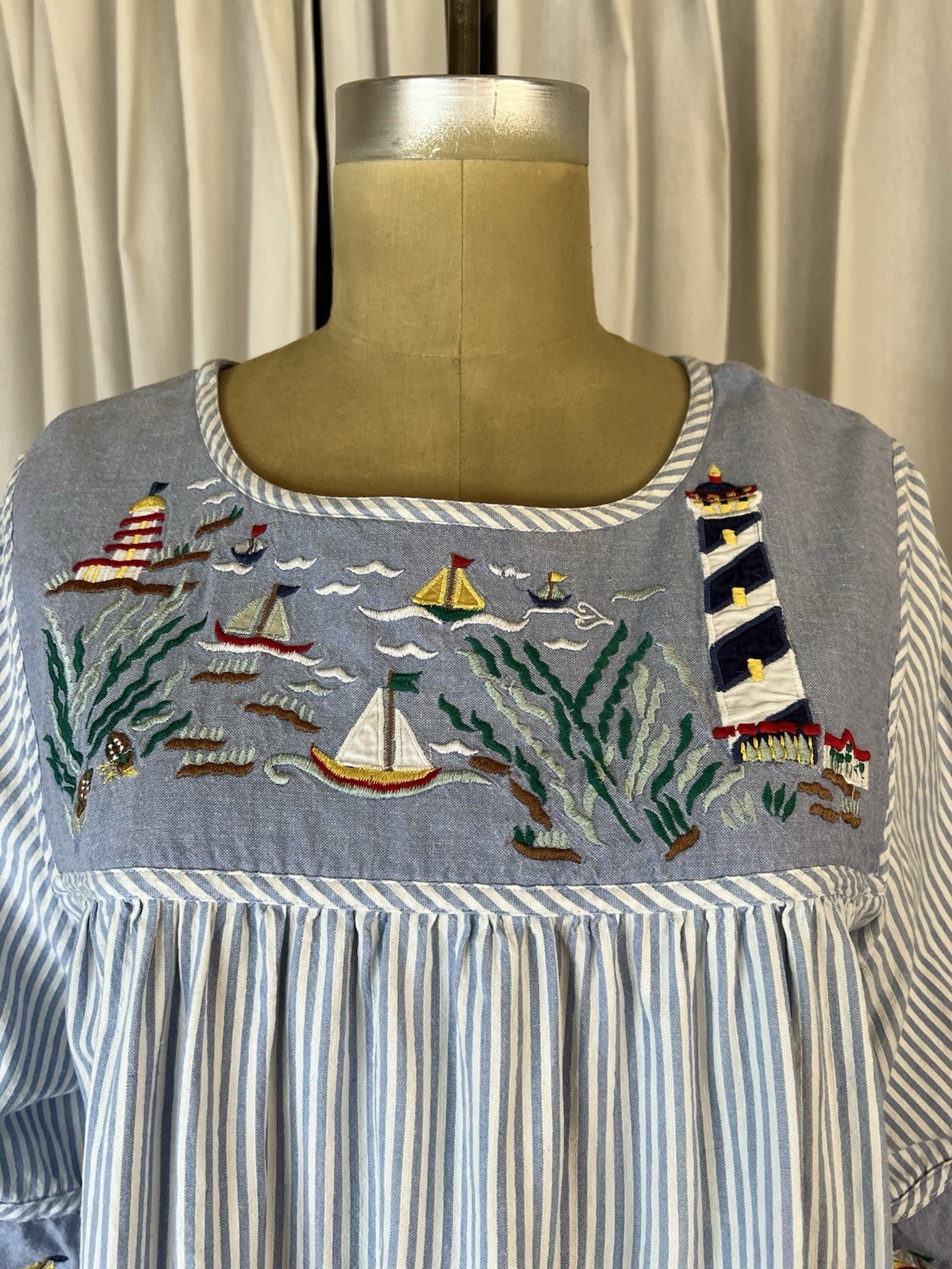 The Quacker Factory Grannycore Hickory Stripe Muumuu W/ Nautical Embroidery L