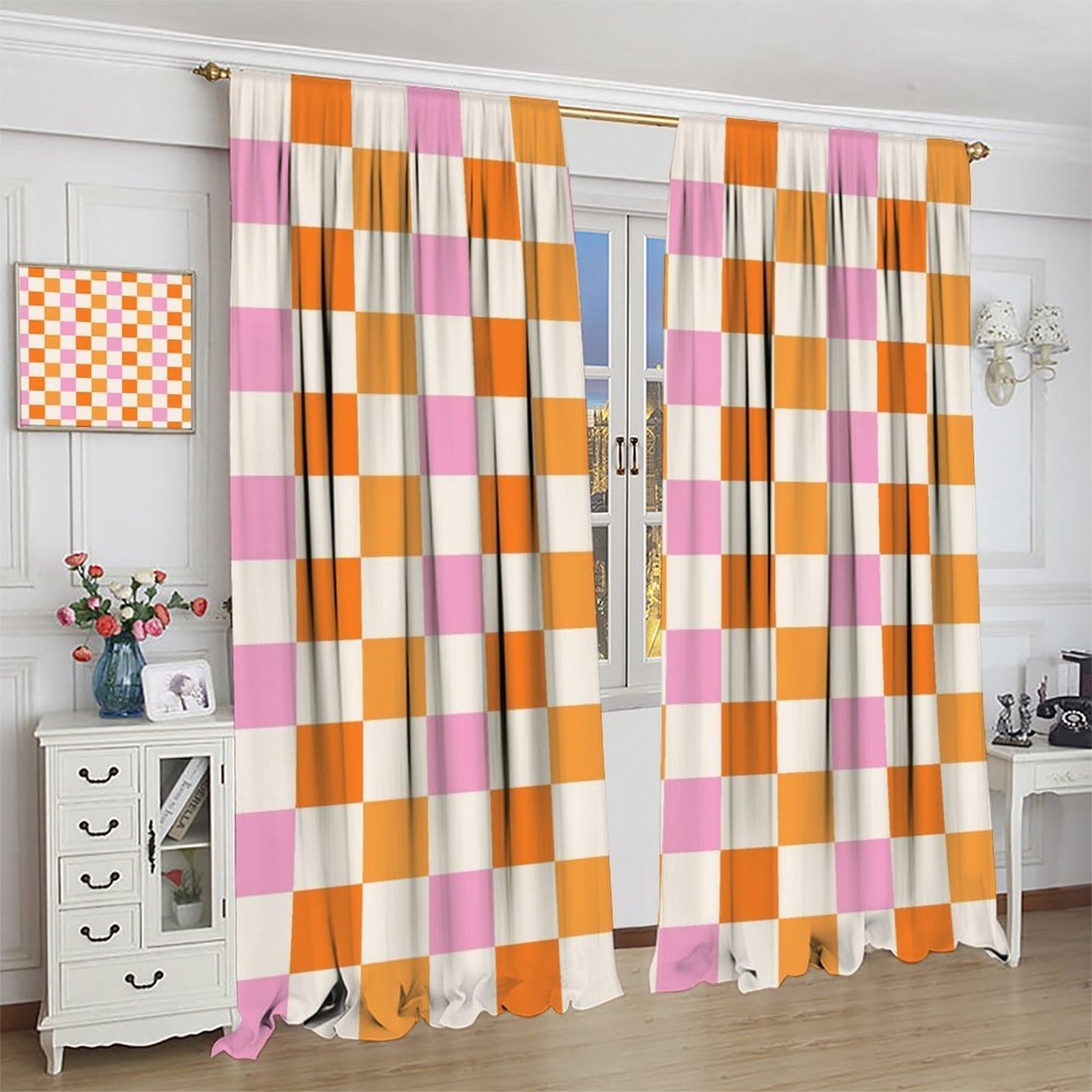 Hippie Retro 70s Curtains Vintage Geometric Square Grid Yellow Orange Pink 19…