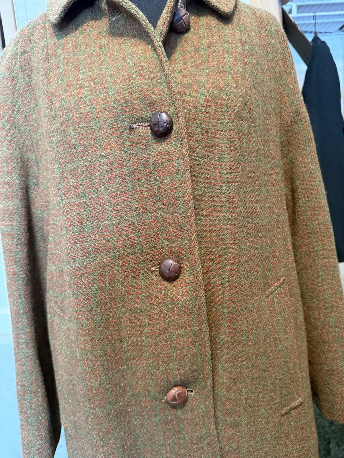 Vintage 60s 70s Harris Tweed Coat Brown Green Scottish Wool Overcoat Ladies S/M
