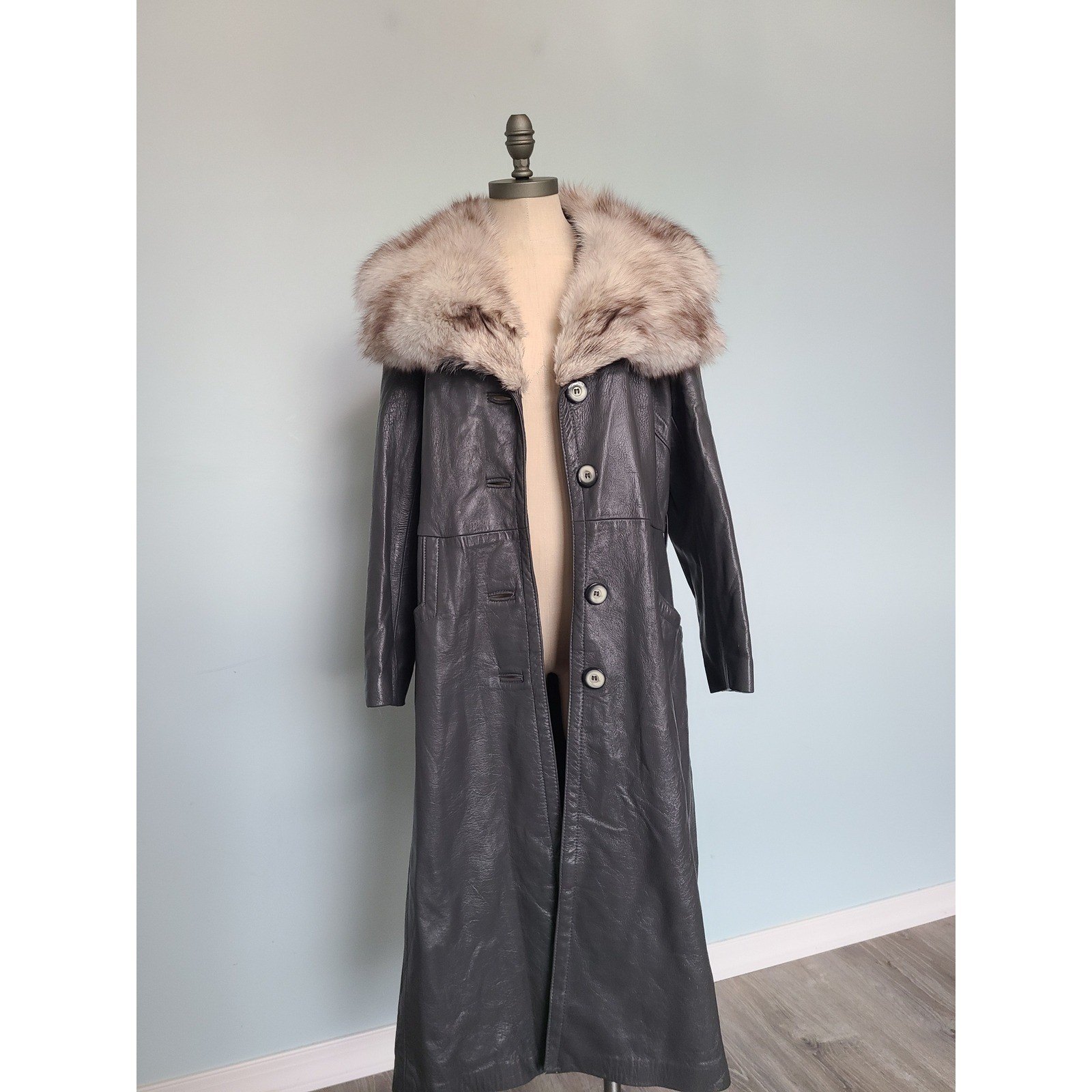 VTG 24K Leather Dan Di Modes Trench Coat Gray Rabbit Fur Collar 1970s Luxury