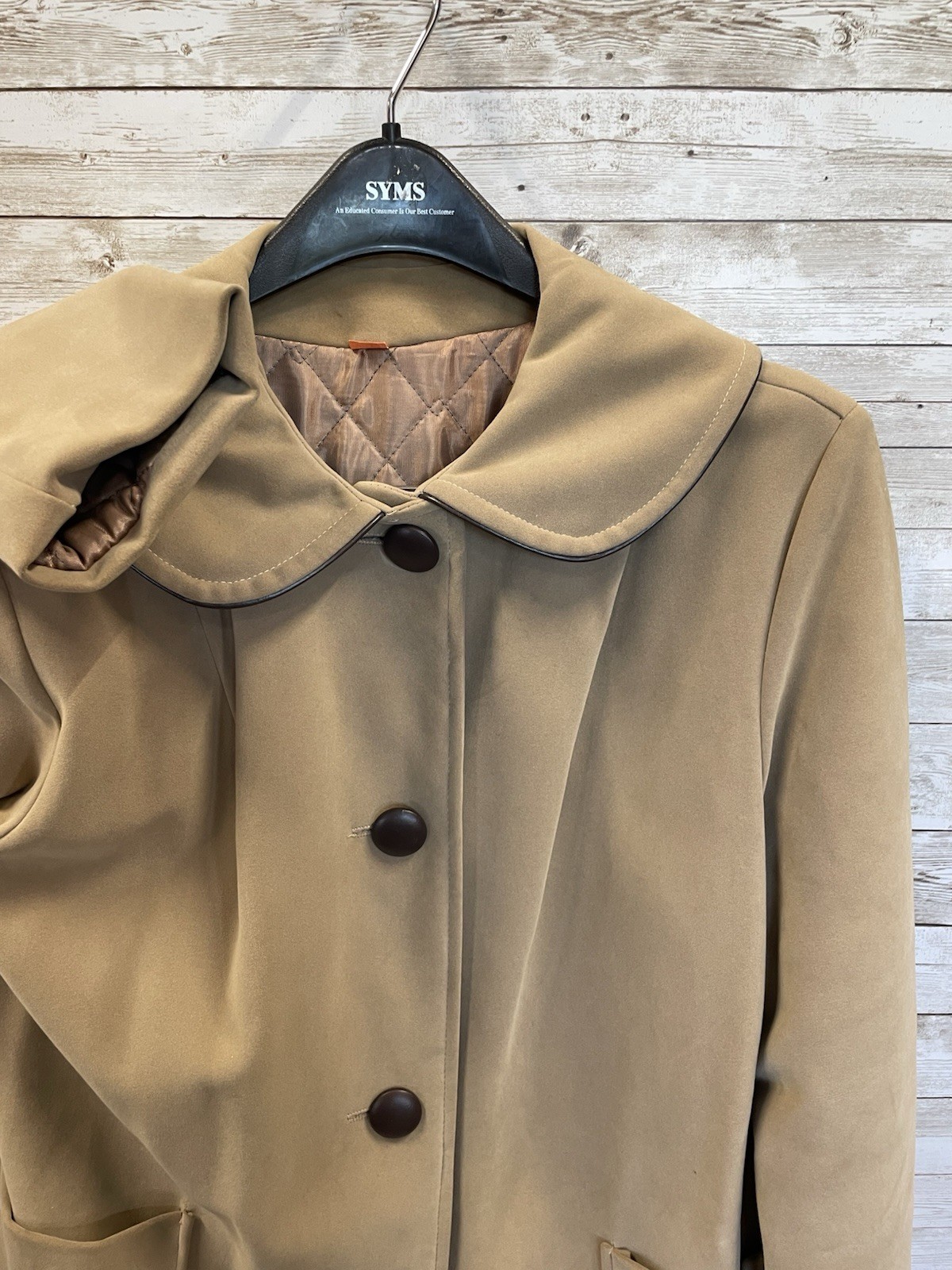 Vintage 60s-70s Womens 18 Coat Mod Tan Faux Suede Peter Pan Collar A-Line USA