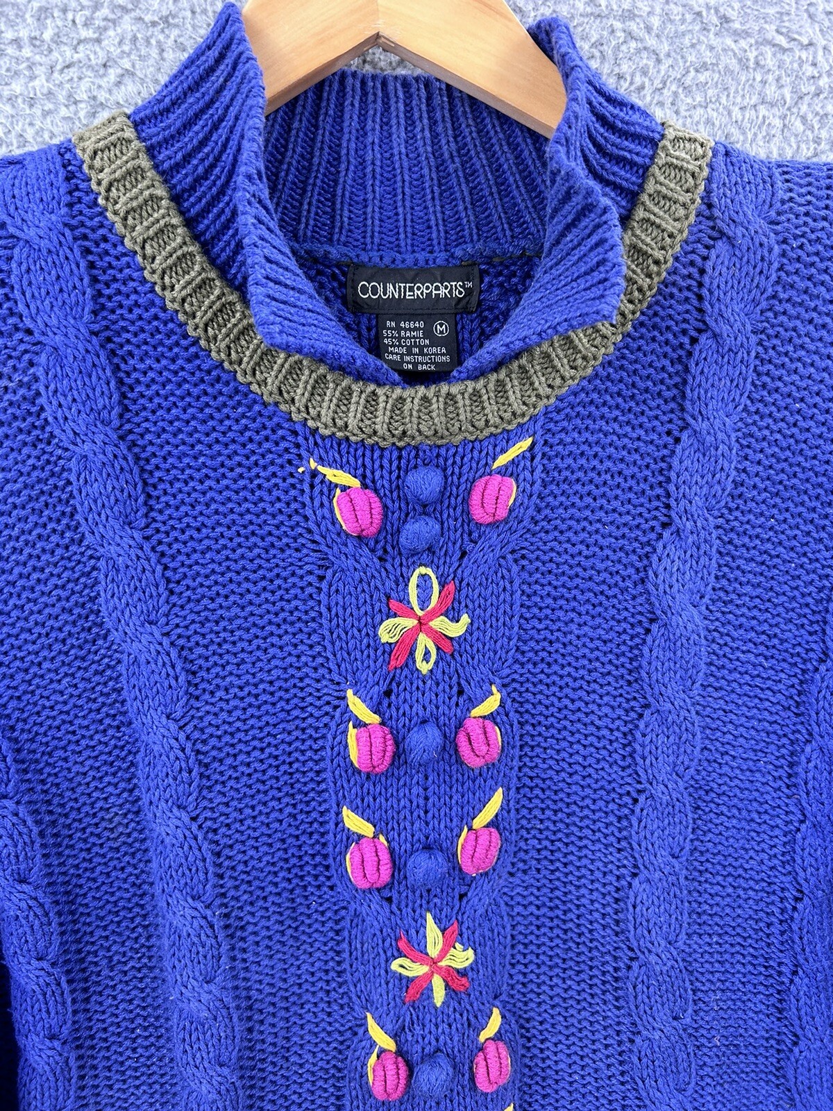 Vintage Counterparts Sweater Cable Knit Floral Pom Blue Women’s Size Medium 80’s