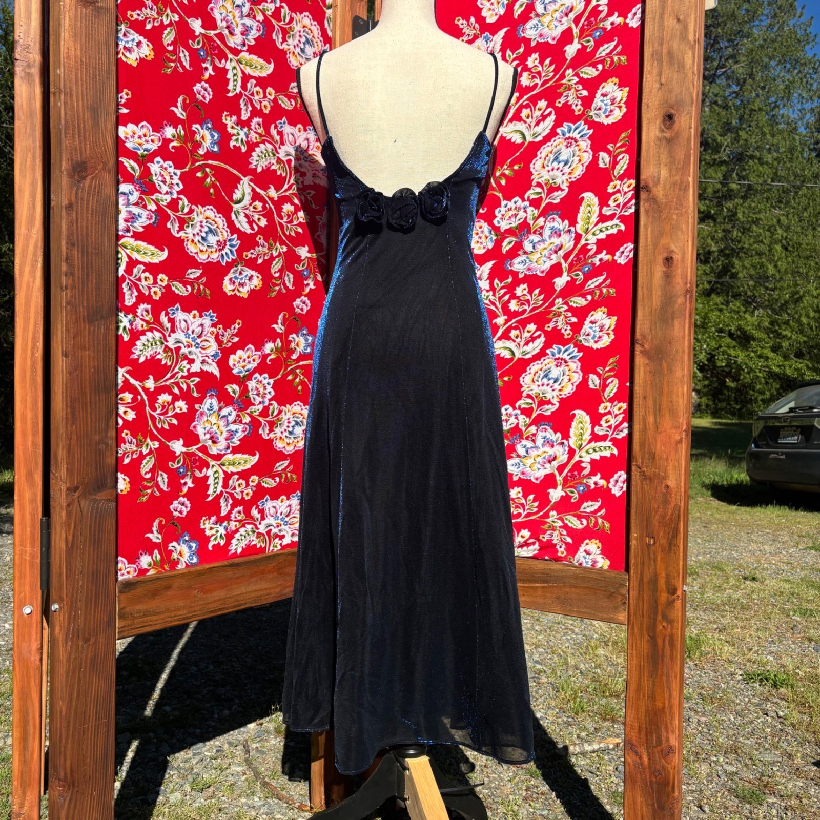VTG Black+Blue Iridescent Whimsigoth Formal Wedding Guest Maxi Dress Size S