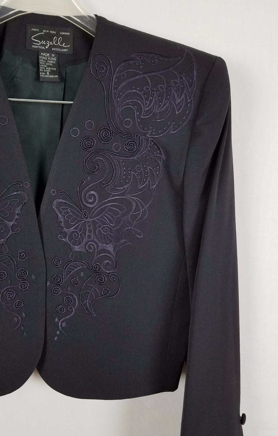 SUZELLE black vintage Jacket Embroidered Butterflies and Leaves size 6