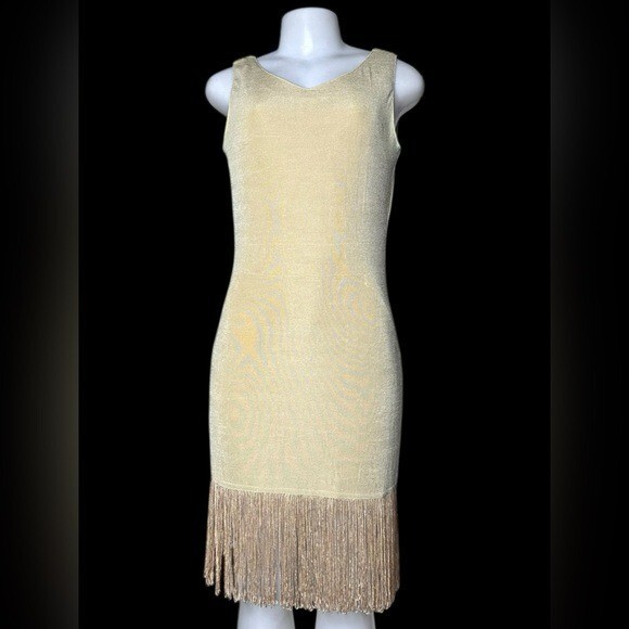 VTG 80s TOGETHER! Metallic Gold Bodycon Flapper Fringe Dress M USA Nylon Spandex