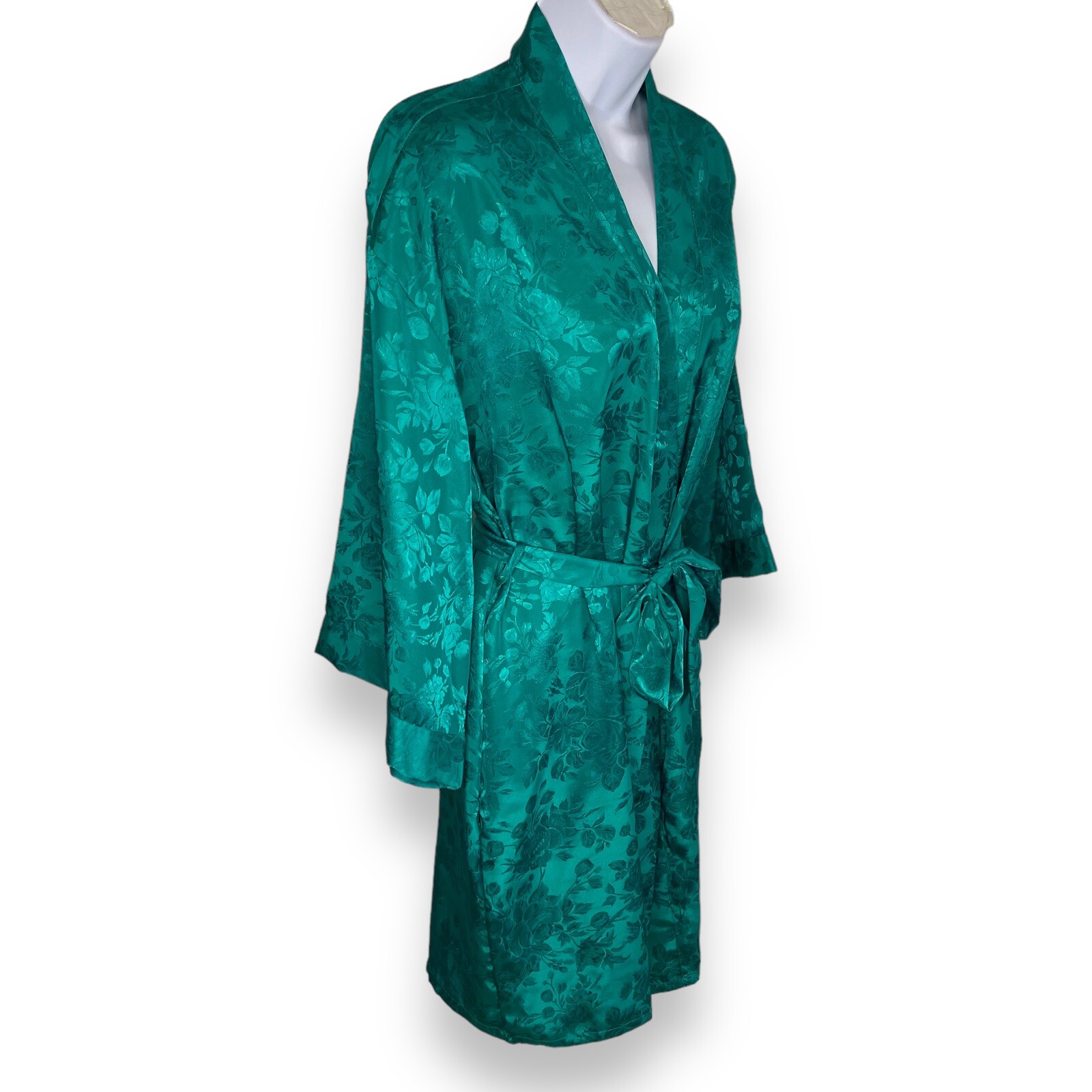VTG Cachet Size Small Floral Silky Robe Emerald Green Pockets Belt 80s Kimono