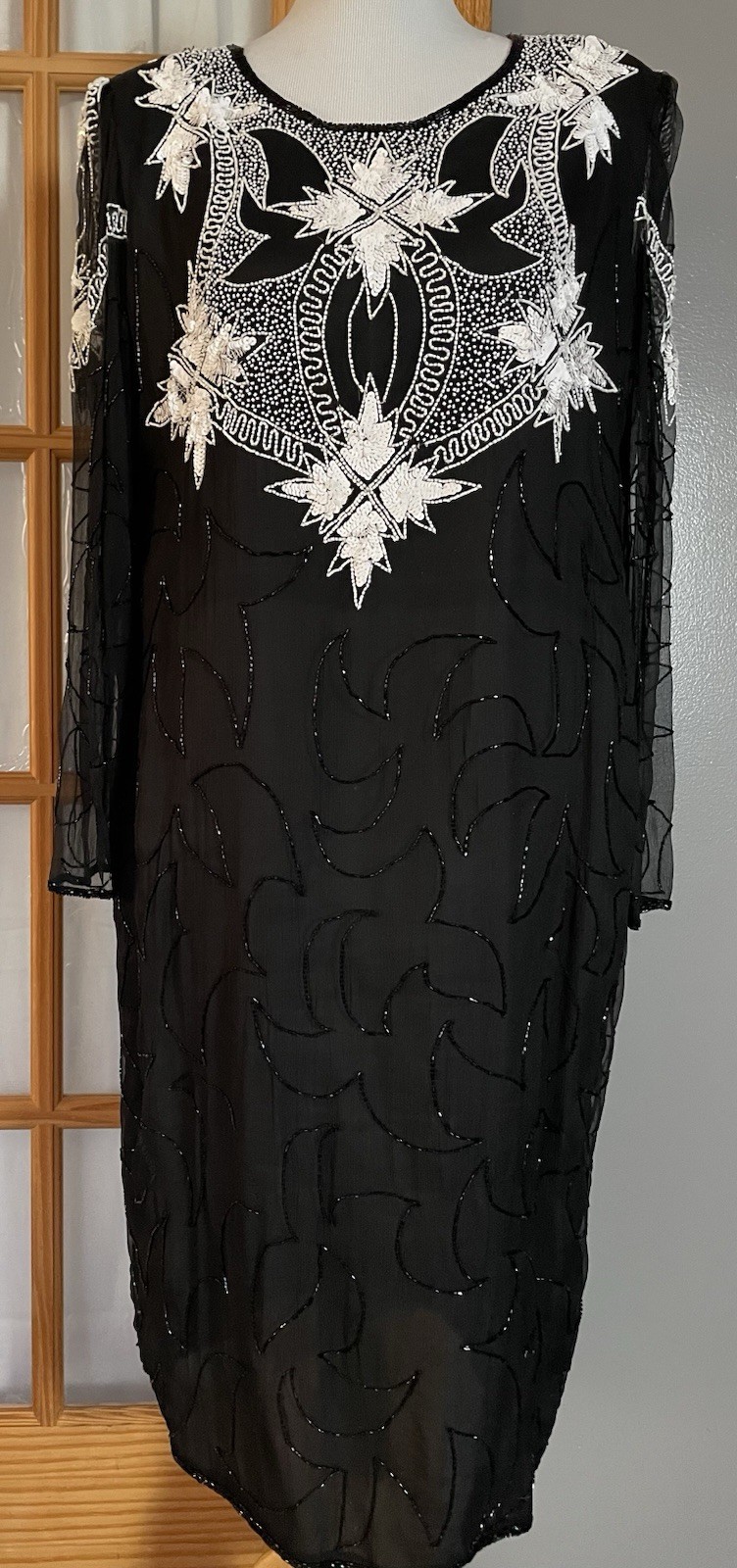 Vtg 70s Embellished Silk Evening Dress Sz 16 Black White Beads Whimsigoth Formal