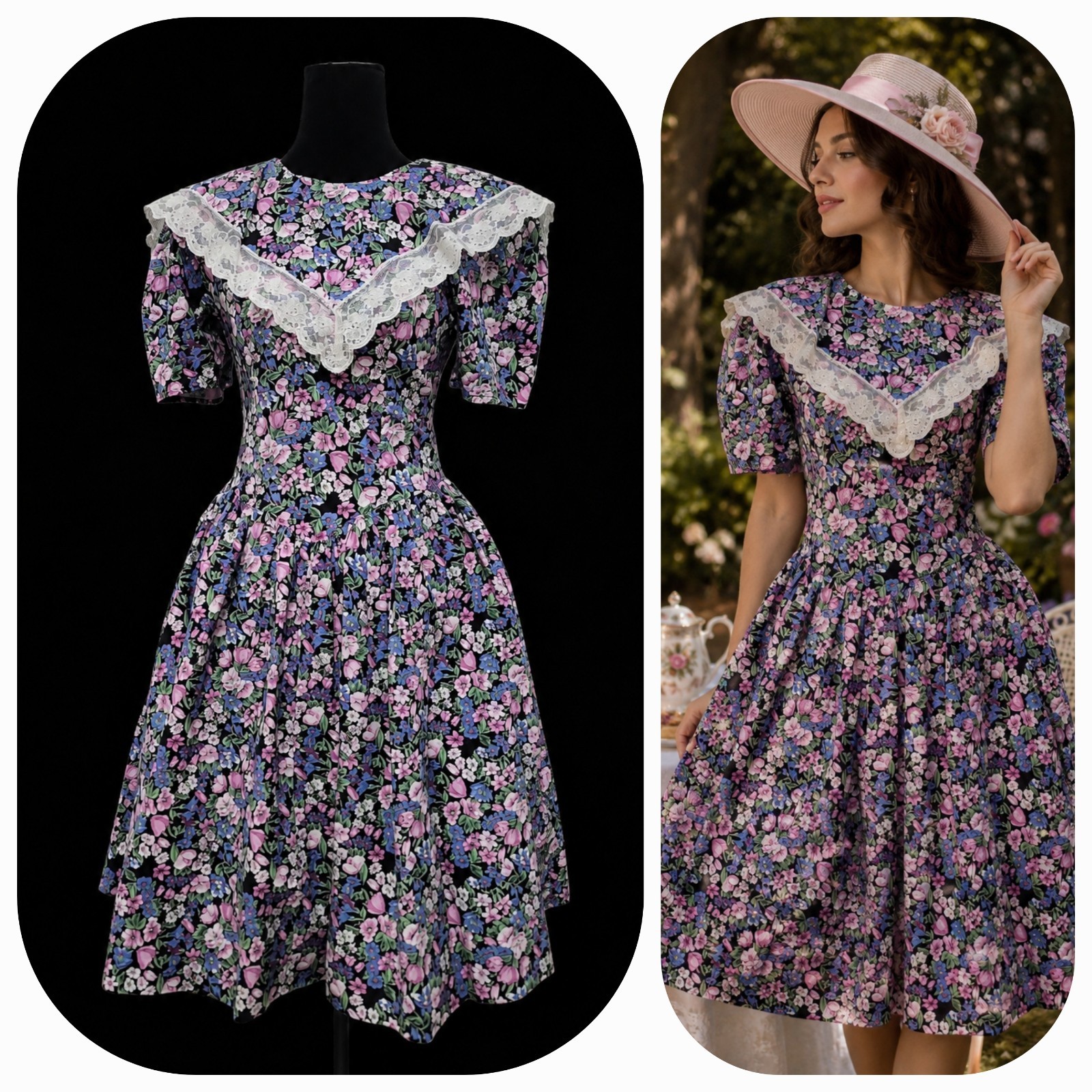 VTG 80s Floral Dress Tea Party Cottagecore Garden Party Fit & Flare Big Collar
