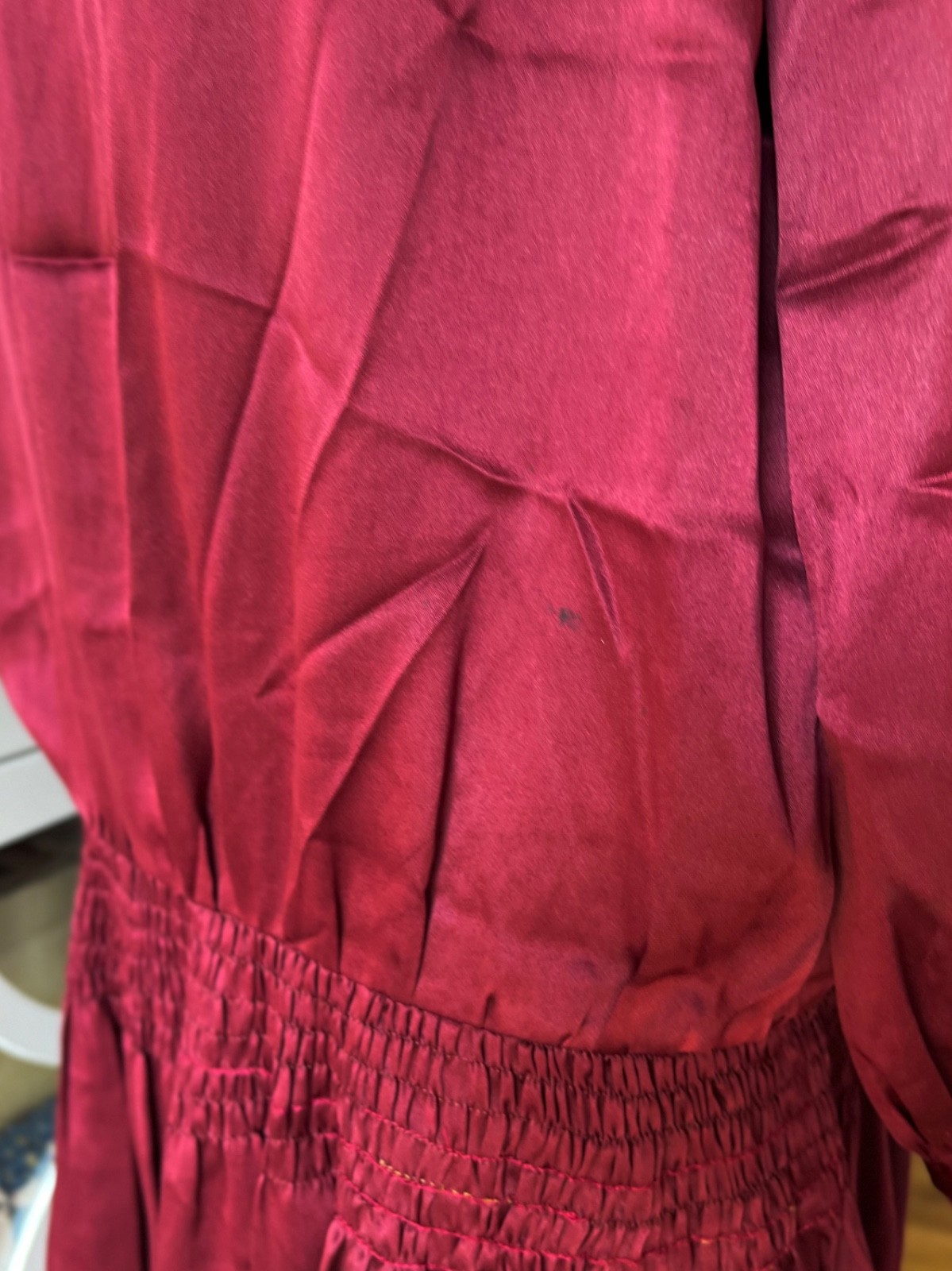 Antique 1920s Silk Drop Waist Dress Wine Red Flapper Long Sleeve Widder Bros SM