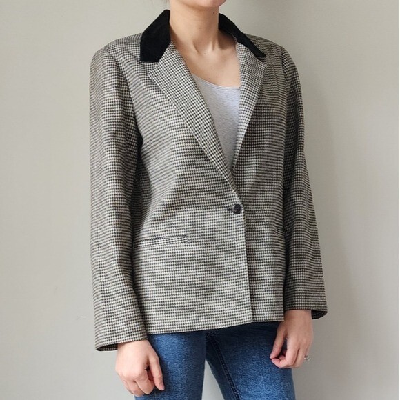 rrrrRUSS Russ Togs Vintage 80s Houndstooth Blazer Union Made Velvet Collar