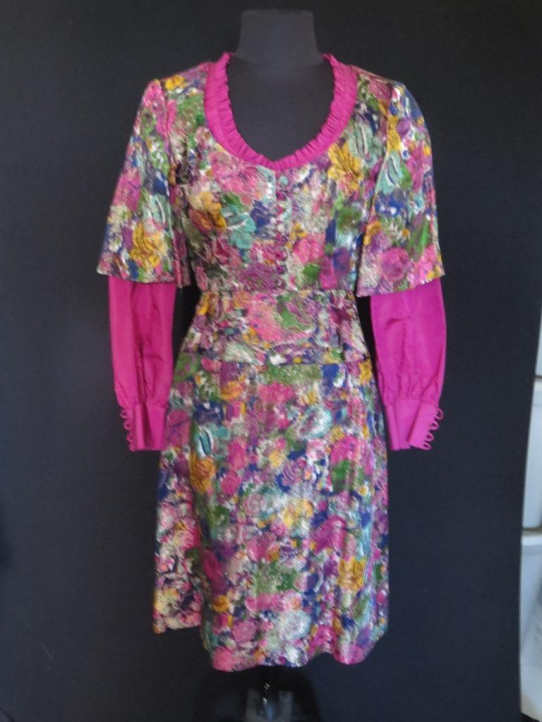 RARE CUSTOM MADE 1980’S FUSHIA SILK TAFFETA AND METALLIC BROCADE DRESS SIZE 6