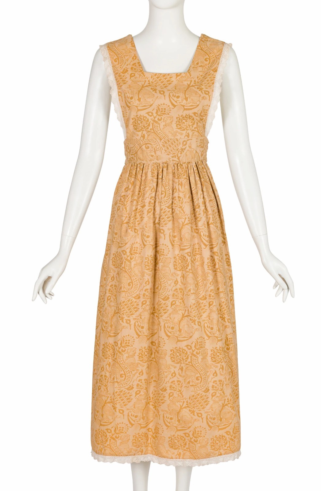 Laura Ashley 1970s Griffin Block Print Cotton Pinafore Apron Vintage Midi Dress