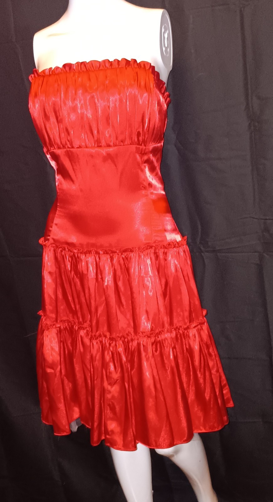 VTG Jessica McClintock Gunne Sax Red Satin Dress Moulin Rouge 1990s Prom Ruffled