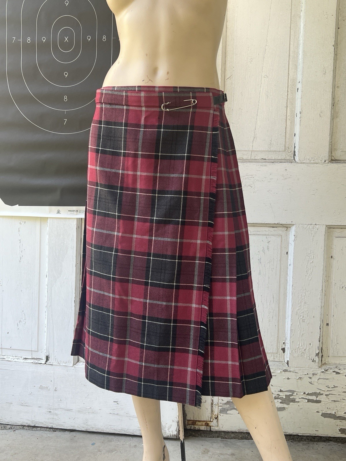Vintage 80s Wool Kilt Skirt Pleated Buckle Back Wrap Plaid Black Red Gray Tartan