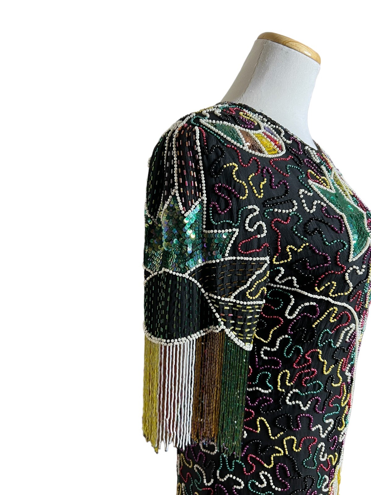 Vintage Beaded Sequin Party Dress Art Deco to Wear 80s Abstract Black Silk Sz S