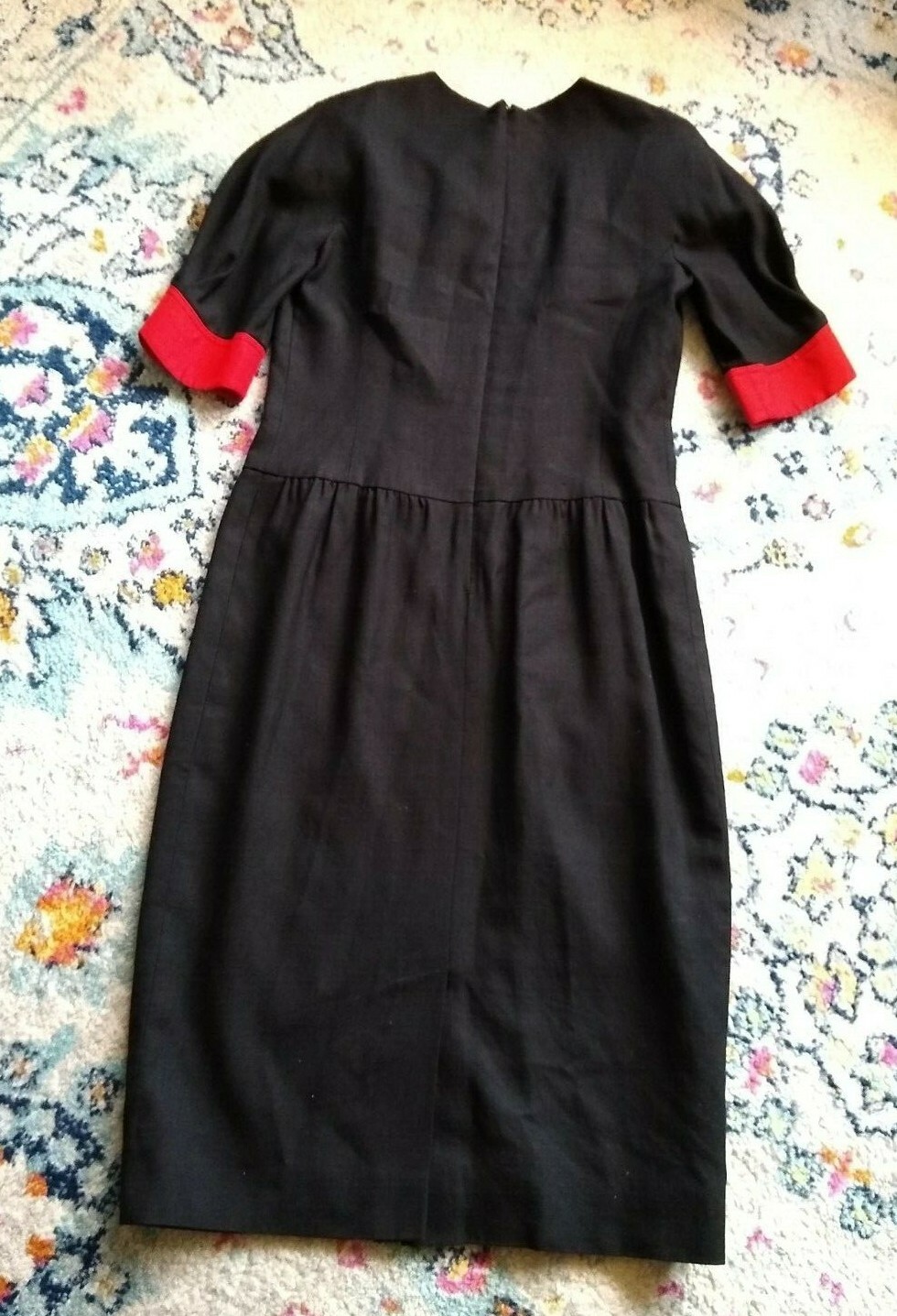 Vtg 1980s RONNIE HELLER Dress Linen Red Black Gold Buttons Secretary Sz 6