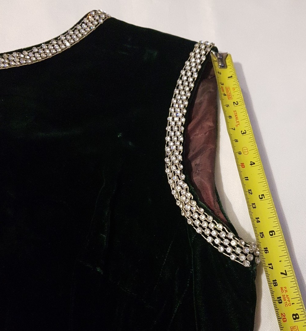 Vintage Velvet Emerald Green Peck & Peck Rhinestone Neck & Arms Dress 5th Ave NY