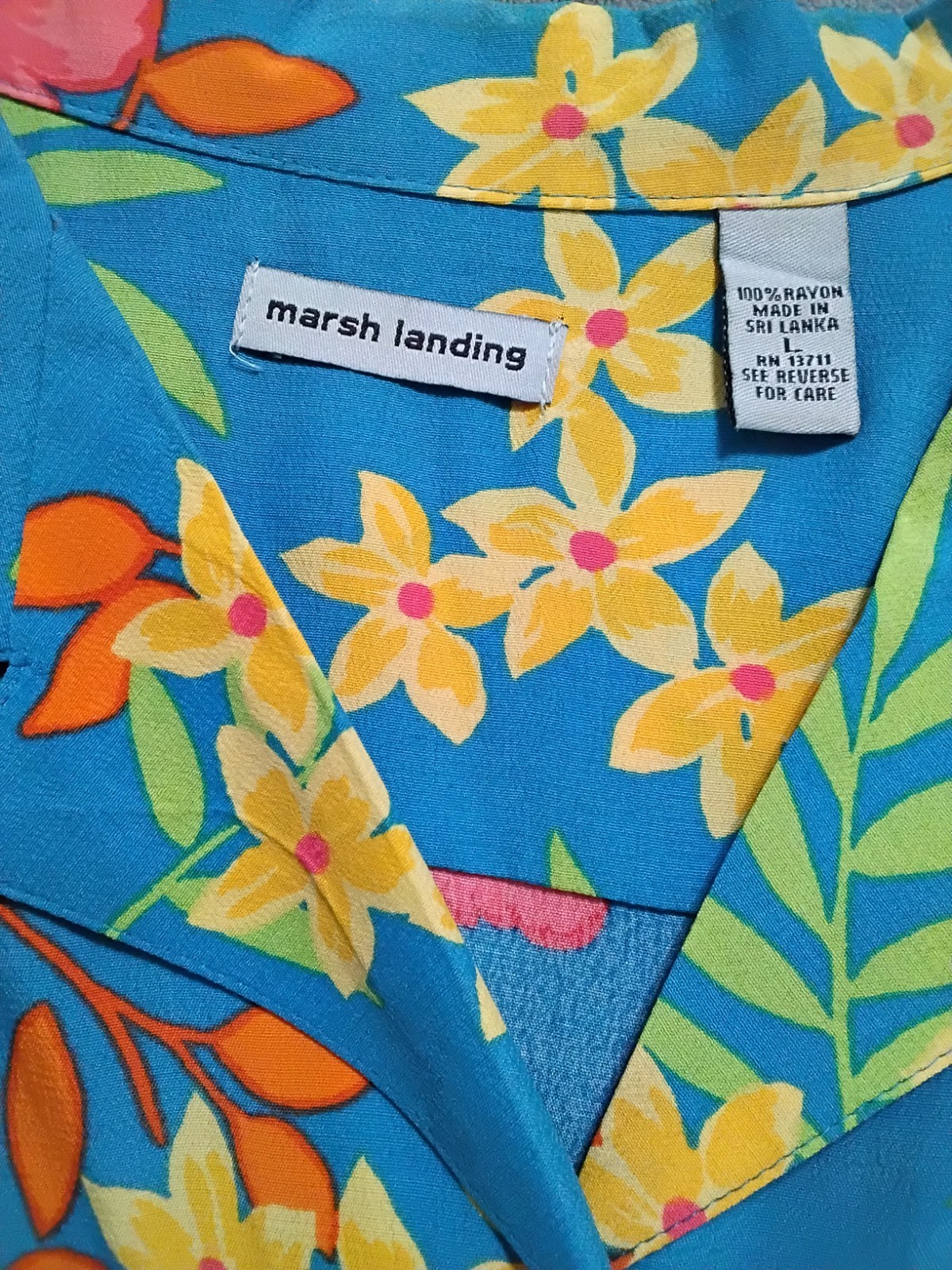 Vintage Marsh Landing Hawaiian Blouse Turquoise Tropical Orange Florals Large
