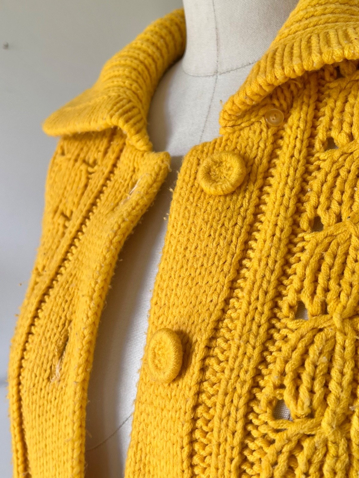 Vintage Hand Knit Mustard Yellow Button Up Sweater Chunky Cardigan
