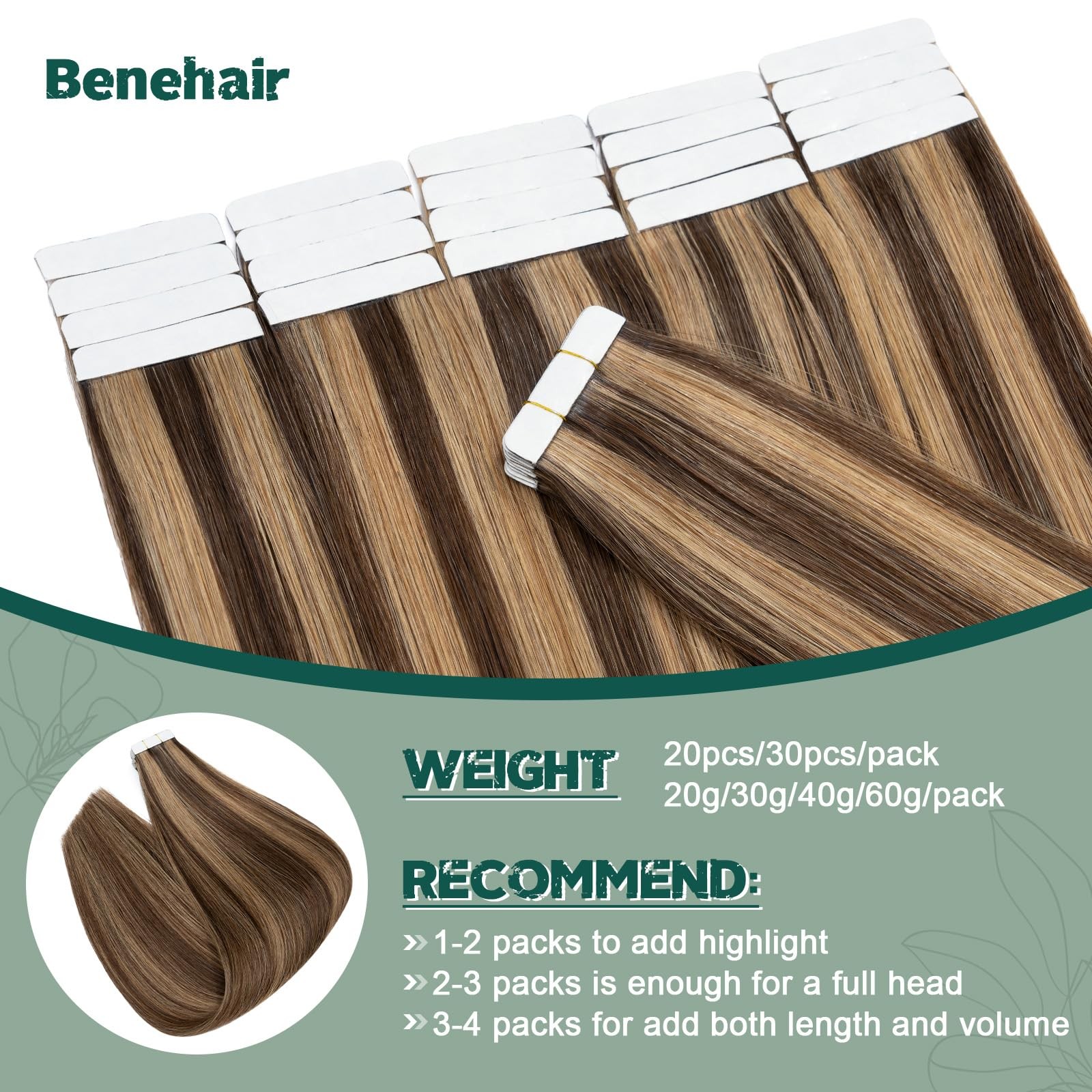 Benehair 20pcs Remy Tape-in Hair Extensions 22in Real Human Hair Medium Brown