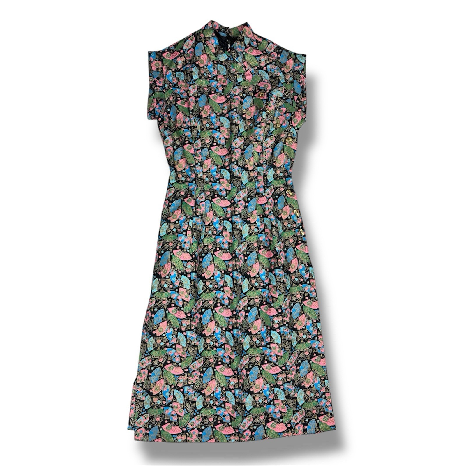 Vtg 60/70s Cheongsam Wiggle Dress Black Multicolor Fan Print Bamboo Button Sz 10