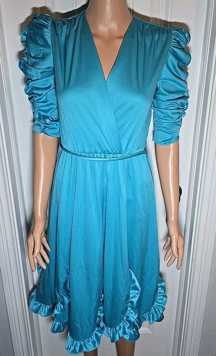 VTG David Robin By Yvette Blue Empire Waist Scalloped Ruffled Dress Whimsy 7/8