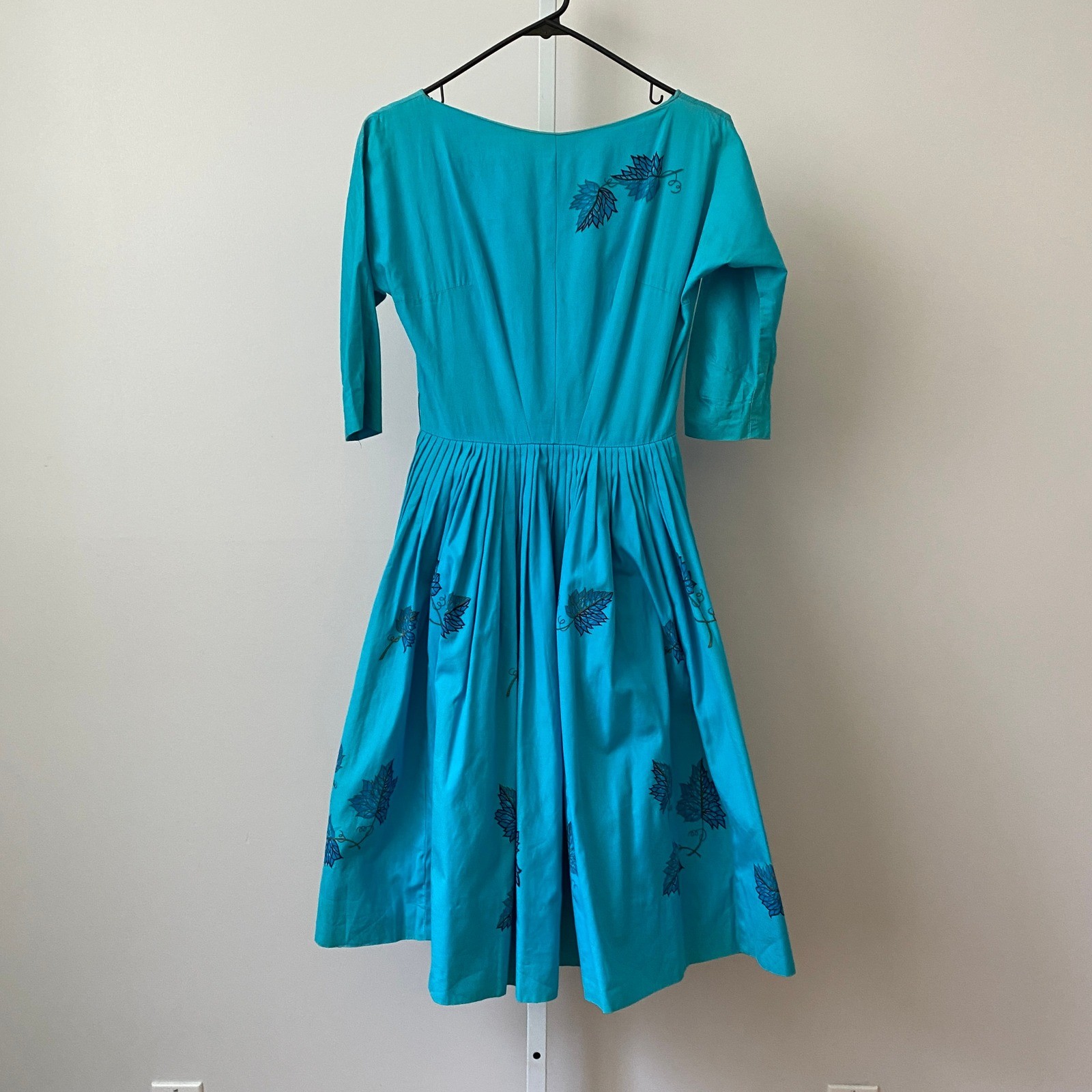 Vintage 60s Cotton Dainty Coquette Rockabilly Fit Flare Dress S Blue Leaf