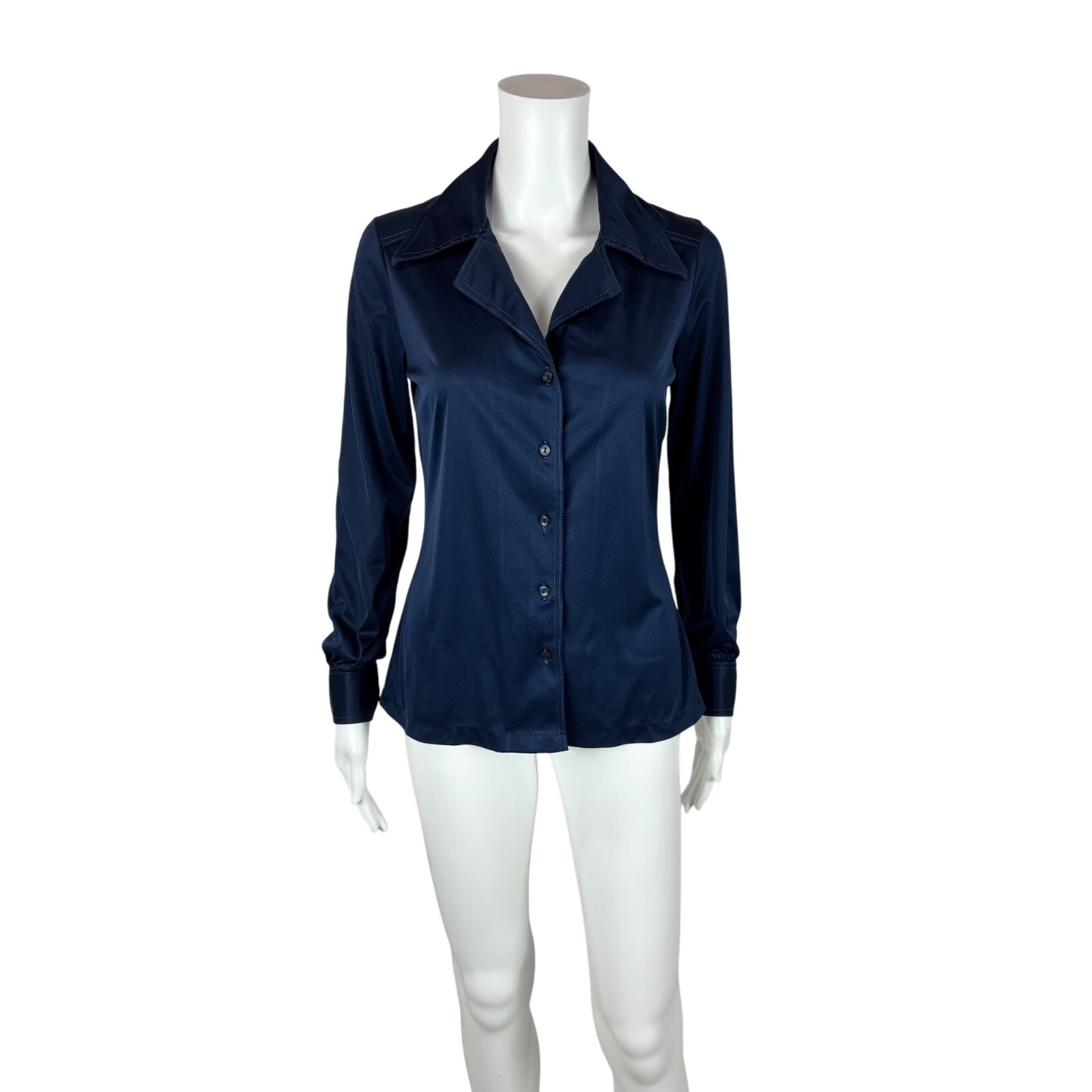 Vintage 70s Disco Blouse Women’s Medium Dark Blue Shiny Going Out Top