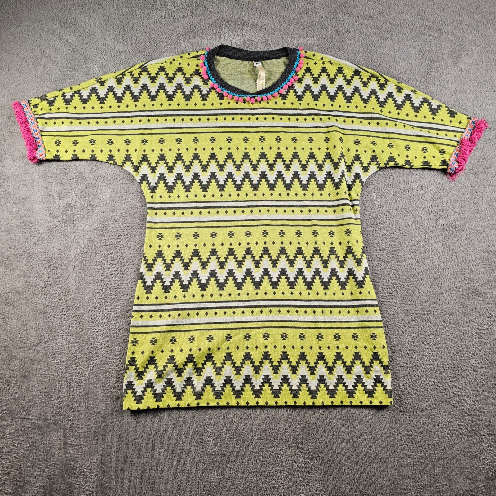 Anthropologie Uncle Frank Yellow Southwestern Pom Pom Fringe Dress M