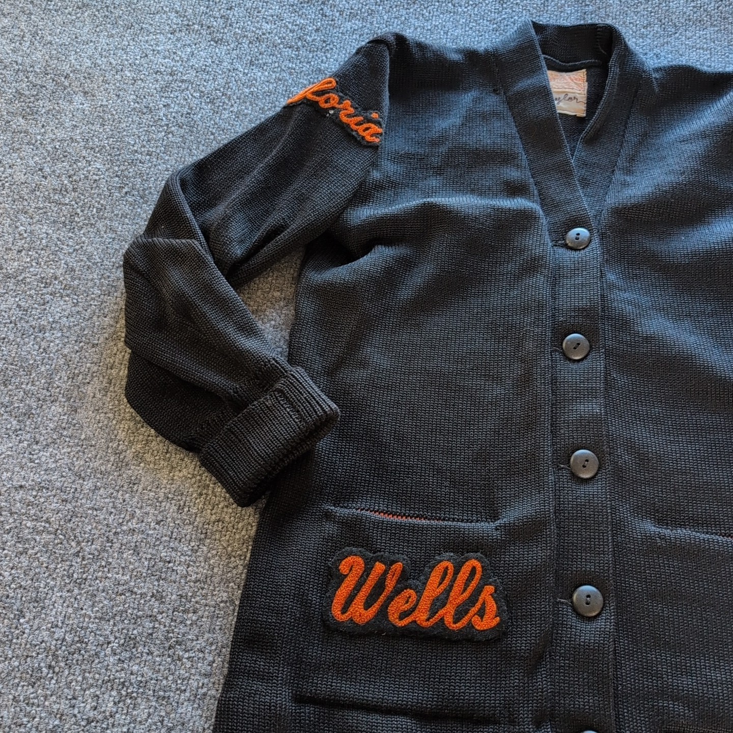 Vintage Varsity Letterman Sweater Black Orange Gloria Wells NV Womens Med 50/60s