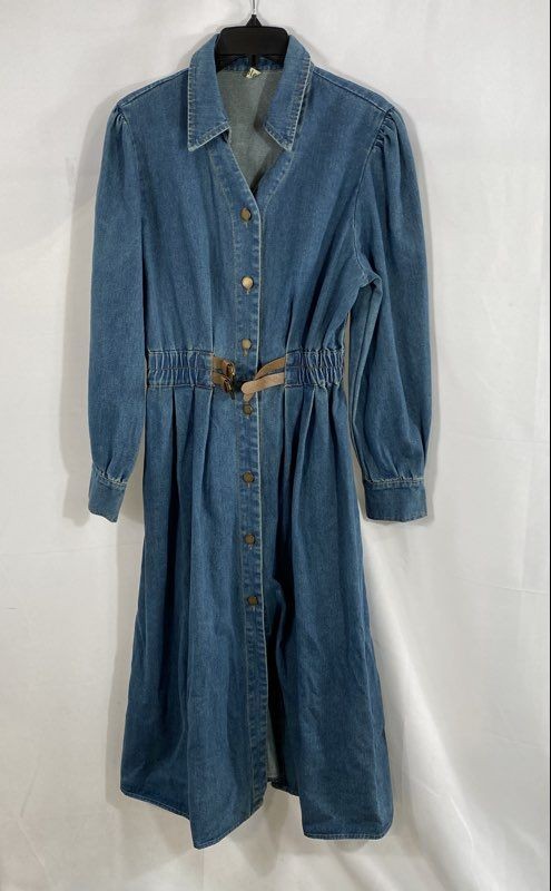 Anle Women’s Vintage 90s Blue Denim Button Down Long Sleeve Belted Midi Dress L
