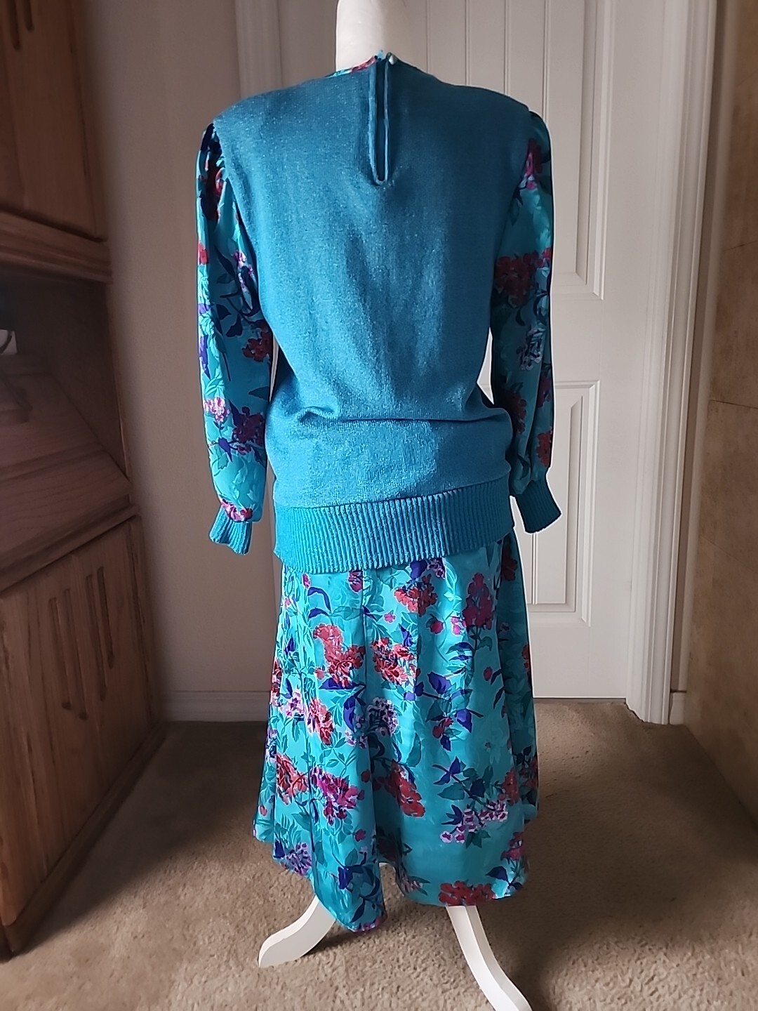 Vintage Anthony Sicari Long Sleeve Knit Top Skirt Set Teal Blue/Multicolored 12