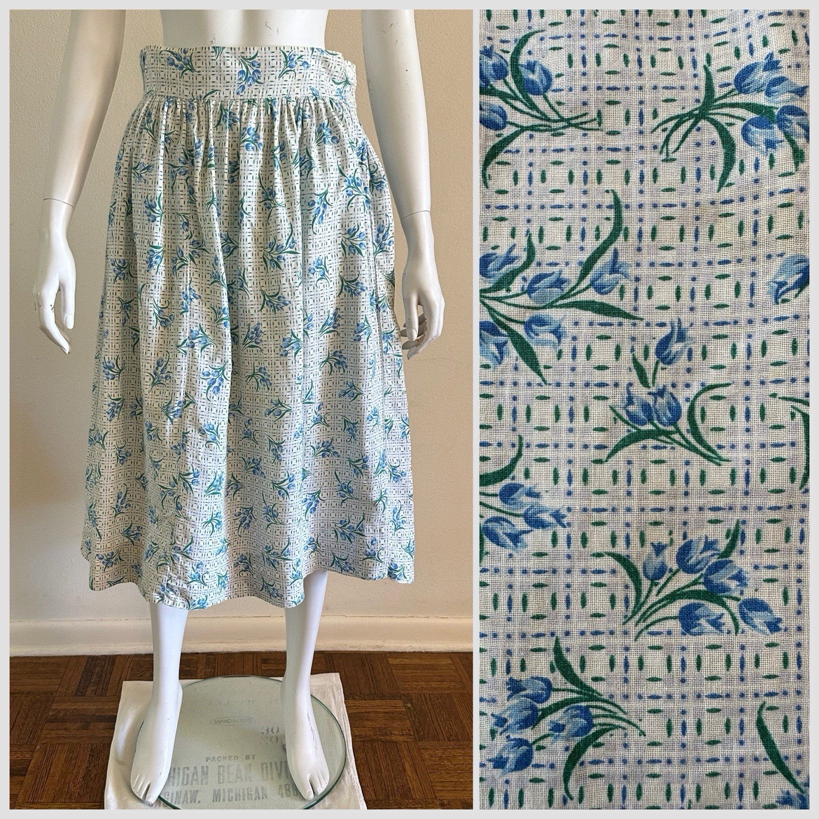 1930s 40s Feed Sack Skirt 28” Waist Blue Floral Tulip Grid Fabric Cotton MOP VTG