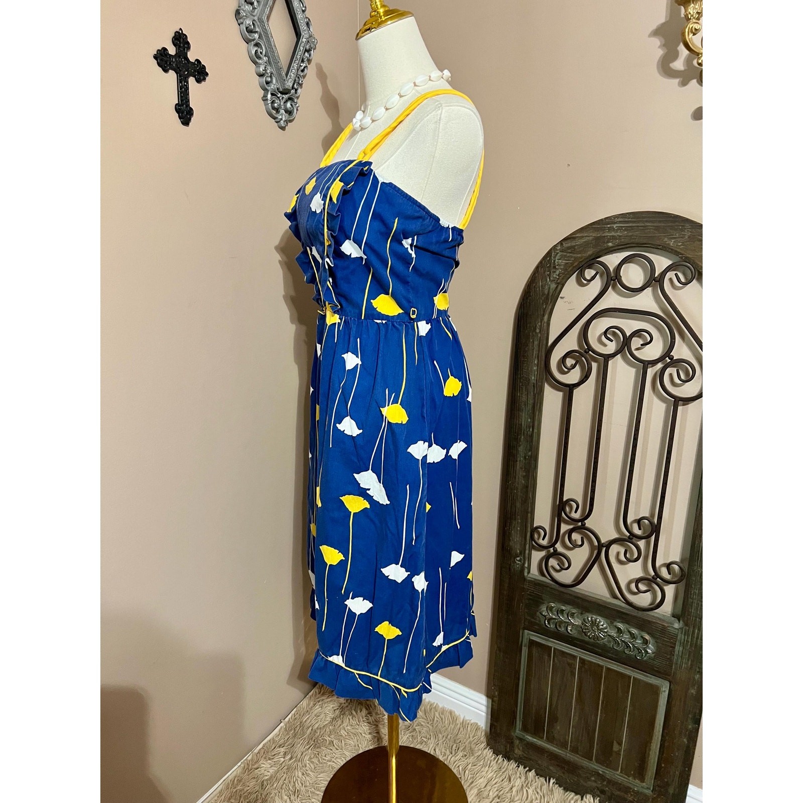 Vintage 70s Blue & Yellow Floral Tank Sundress Retro Mod Size Small