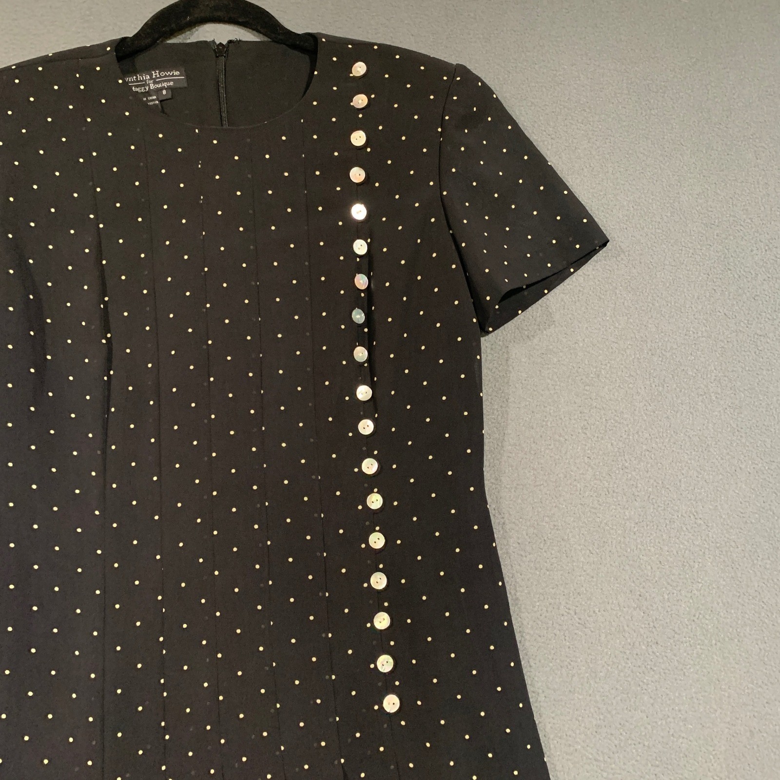 Cynthia Howie for Maggy Boutique Polka Dot Maxi Dress Black Pearl Buttons Size 8